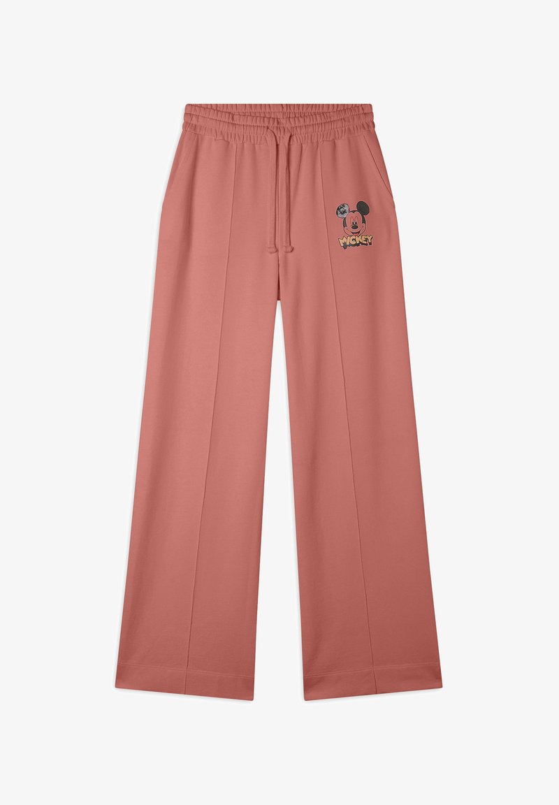 Pantalones anchos rosa con una cintura elástica, cordón de ajuste y un gráfico impreso de Mickey Mouse en el muslo izquierdo. Material de algodón suave.