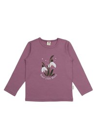 Lila langärmliges Baumwoll-T-Shirt mit einer Grafik von Schneeglöckchen und dem Text "Mutige kleine Blüten" unter dem Design.