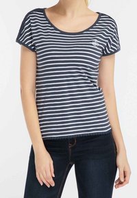 Gestreiftes T-Shirt in Marineblau und Weiß, mit einem runden Ausschnitt, kurzen Ärmel und einer Spitzenkante am Saum. Lässige Passform, leichtes Material.