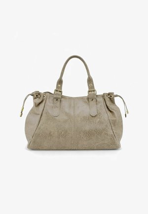 Sac à main en similicuir beige avec deux anses supérieures, côtés froncés et accents en métal doré. Texture lisse, espace de rangement généreux.
