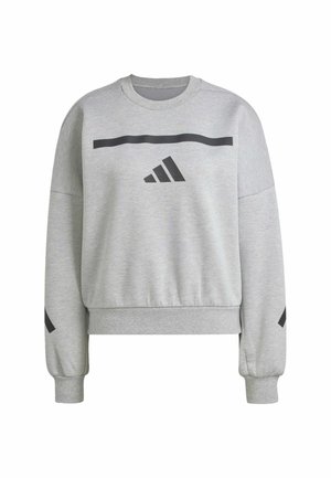 Gray sweatshirt with a round neckline, long sleeves, and ribbed cuffs. Features horizontal black stripe and logo on the front. Smooth texture.
