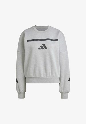 Grijze sweatshirt met een ronde hals, lange mouwen en geribbelde manchetten. Bevat een horizontale zwarte streep en logo op de voorkant. Glad van textuur.
