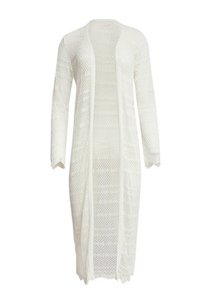 Long white knitted cardigan with open front, long sleeves, and a textured pattern featuring geometric cutouts. Soft, lightweight fabric.