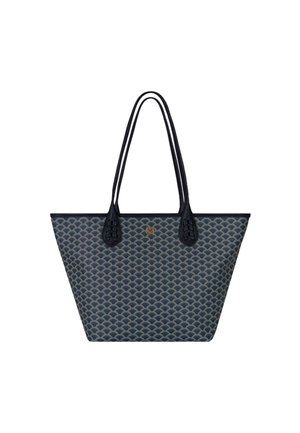 Rectangular blue tote bag with a patterned design, featuring two black handles and a small emblem on the front.