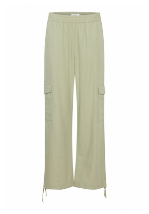 Pantaloni cargo verzi deschis cu un tiv elastic, dotati cu două buzunare laterale, croi lejer și șnururi ajustabile la tiv.