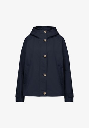 Navy rain jacket with a hood, featuring a straight cut, two side pockets, and brown buttons down the front. Smooth, waterproof fabric.