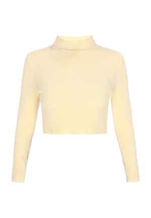 Top de cuello alto acanalado amarillo con mangas largas y corte corto, que presenta una textura suave y un diseño ajustado.