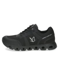 Black athletic shoe with a mesh and synthetic upper, hexagonal sole design, reflective logo, and lacing system for secure fit.