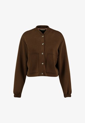 Veste courte marron avec boutons-pression, deux poches plaquées à l'avant, poignets élastiques et col rond.