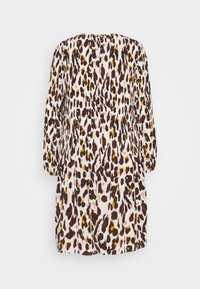 Šaty s dlouhým rukávem z lehkého materiálu s hnědým a žlutým leopardím potiskem na bílém pozadí. S řasením na zadní straně.