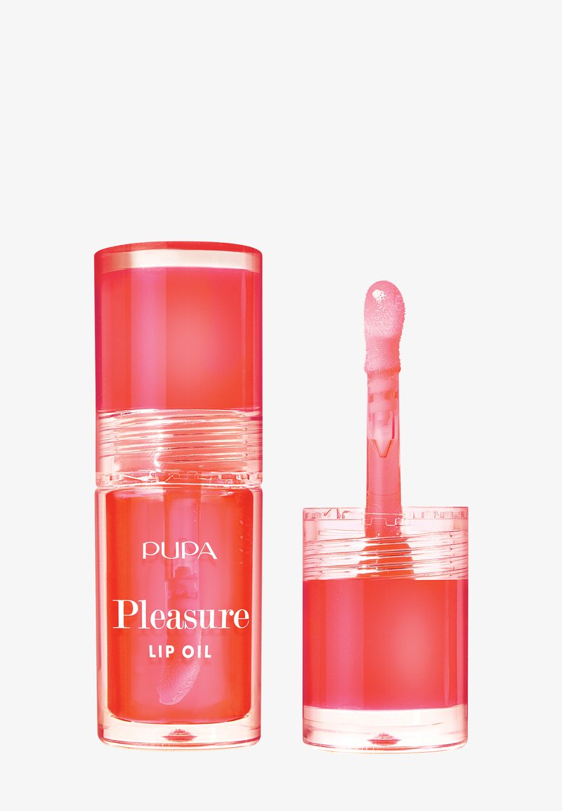 Pupa Pleasure Lip Oil in een doorzichtige, cilindervormige roze verpakking met een glanzende afwerking. Inclusief een glanzende applicator.