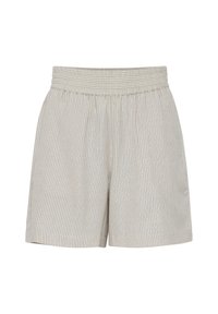Shorts de color beige claro con rayas verticales, cinturilla elástica y un corte relajado. Textura suave y diseño hasta la rodilla.