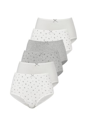 Six women's high-waist briefs in white, grey, and floral patterns, each with a small decorative bow at the front center waistband.