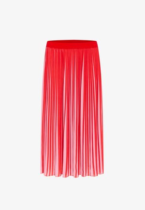 Crvena plisirana suknja s širokim pojasom, s naizmjeničnim prozirnim i čvrstim crvenim vertikalnim prugama, od laganog materijala, do gležnjeva.