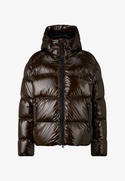 Skinnende mørkebrun dunsjakke med hætte, frontlynlås og lynlåslommer på siden, designet til koldt vejr.