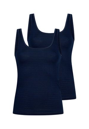 Zwei schlichte dunkelblaue ärmellose Tanktops mit Rundhalsausschnitt vor weißem Hintergrund.