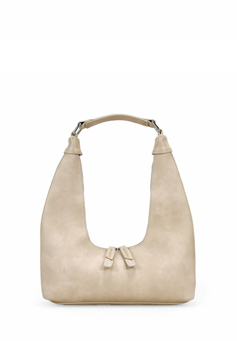 Bolso de mano de cuero beige con una silueta curva y estructurada. Presenta un asa corta y tiradores de doble cremallera en la parte superior. Textura suave.