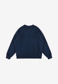 Granatowy sweatshirt z okrągłym dekoltem, długimi rękawami i ściągaczami. Miękki materiał o gładkiej fakturze. Brak widocznych wzorów lub logo.