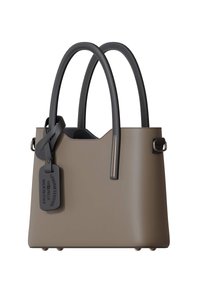 Gray leather handbag with two black handles, a gold-accented tag, and a structured shape. Features a smooth texture and metal hardware.