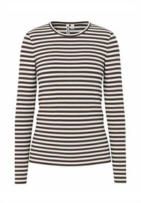 Maglia a maniche lunghe a righe marroni e bianche con scollo rotondo e texture a coste, design aderente e etichetta all'interno del colletto.