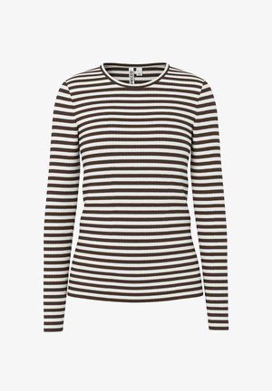 Brązowo-biała koszula w paski z długim rękawem, okrągłym dekoltem i fakturą prążkowaną, dopasowany fason oraz metka wewnątrz kołnierza.