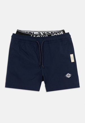 Marineblauwe zwembroek voor heren met verstelbare trekkoord taille, zijzakken en een klein logopatch op het voorste linkerbeen.