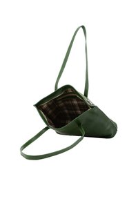 Sac fourre-tout en cuir vert avec un design structuré, des fines bretelles d'épaule et une doublure à motif tartan visible par le dessus ouvert.
