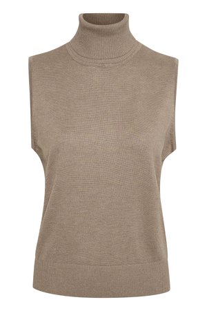 Pull à col roulé sans manches en tricot taupe doux, présentant une silhouette ajustée, un col et un ourlet côtelés, et une texture lisse.