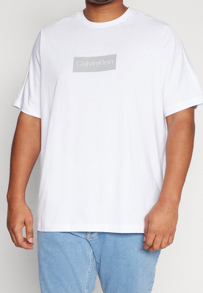 Camiseta de algodón blanca con un logotipo rectangular gris que lleva el texto "Calvin Klein". Mangas cortas y escote redondo. Corte casual.