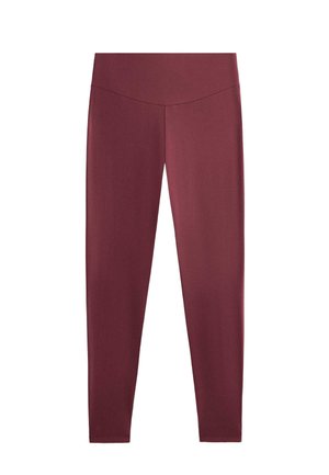 Hoch taillierte, nahtlose Leggings in voller Länge in tiefem Burgund mit einem glatten, elastischen Stoff und einem dezenten, geschwungenen Taillenbunddetail.