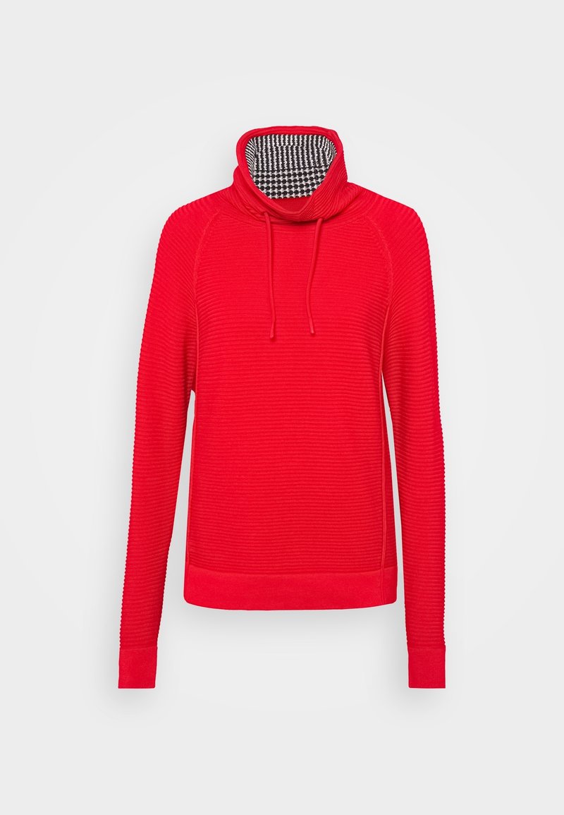 Red long-sleeve sweater with a high collar, ribbed texture, and drawstring. Features a checkered pattern in the collar lining.