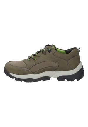 Groene en grijze wandelschoen, met een bovenwerk van leer en mesh, ronde veters, een gevoerde kraag en een gestructureerde zwarte rubbere zool voor grip.