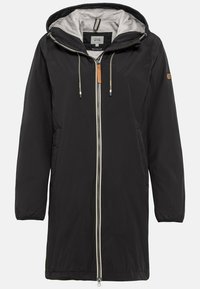 Schwarze wasserdichte Jacke mit Reißverschluss, verstellbarem Kapuzen und Kordeln. Sie hat ein weiches graues Futter und Seitentaschen. Aus recycelten Materialien hergestellt.