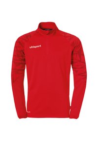 Maglietta sportiva rossa a maniche lunghe con zip a quarti e spalle con motivo, caratterizzata da una texture liscia e un piccolo logo del marchio sul petto.