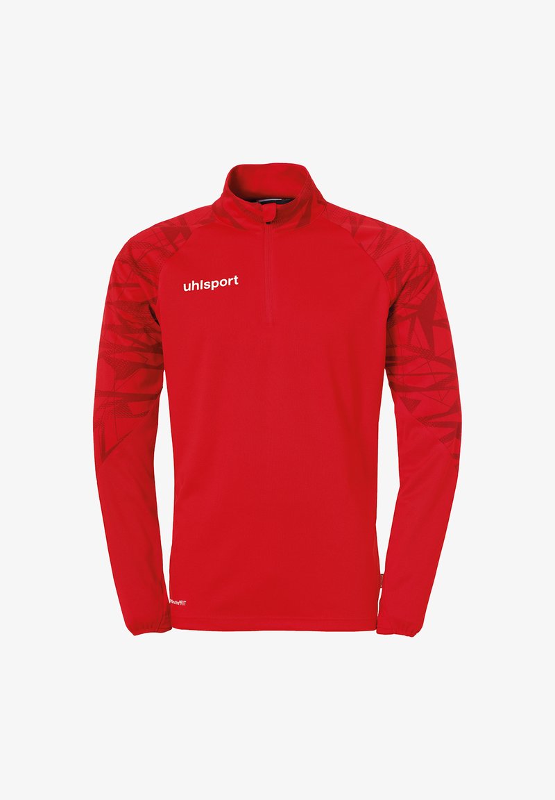 Rotes sportliches Langarmshirt mit Viertelreißverschluss und gemusterten Schultern, das eine glatte Textur aufweist und ein kleines Markenlogo auf der Brust hat.