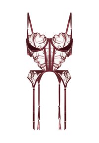 Σετ εσωρούχων μπορντό από σατέν και διάφανη δαντέλα με κυματιστά άκρα, κύπελλα με μπανέλα και ρυθμιζόμενους ιμάντες με λεπτομέρειες ζαρτιέρας.