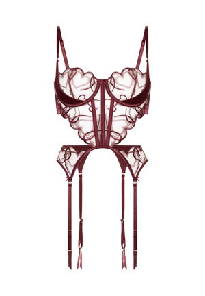 Set di lingerie in satin bordeaux e pizzo trasparente con bordi smerlati, coppe con ferretto e spalline regolabili con dettagli reggicalze.