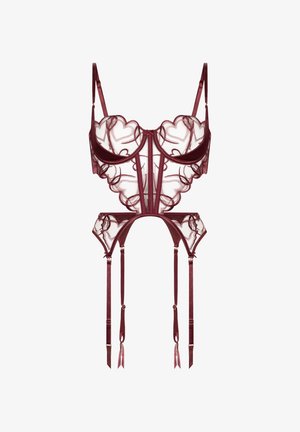 Set di lingerie in satin bordeaux e pizzo trasparente con bordi smerlati, coppe con ferretto e spalline regolabili con dettagli reggicalze.