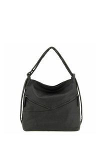 Bolso de mano de cuero negro con un acabado suave y texturizado. Presenta un diseño holgado y dos bolsillos frontales con cremallera para mayor funcionalidad.