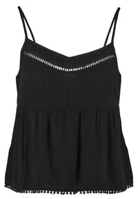 Black sleeveless blouse with thin double shoulder straps, a horizontal cutout near the neckline, and a pom-pom trim along the hem.