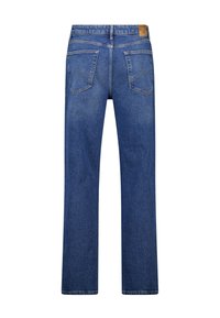 Blue denim jeans with a straight leg design, five pockets, and a leather patch on the back waistband. Features a smooth texture.