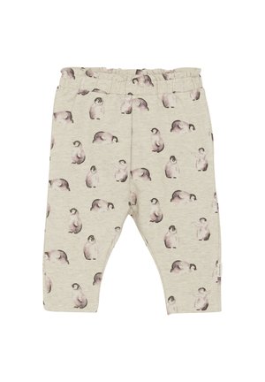 Graue, elastische Hosen mit Gummibund, die ein wiederholtes Pinguinmuster in sanften Rosa- und Grautönen aufweisen, aus einem weichen, leichten Stoff gefertigt.