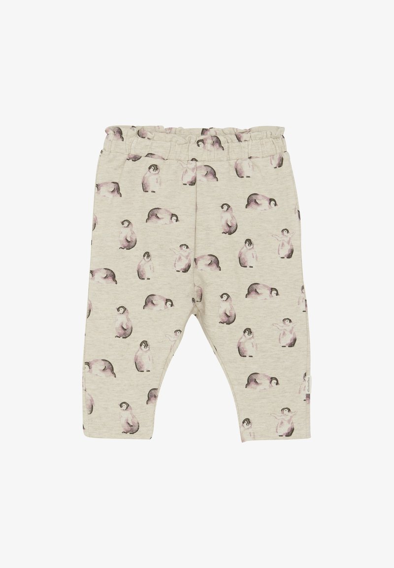 Grijze broek met elastische tailleband, versierd met een herhaald pinguinpatroon in gedempte roze en grijstinten, gemaakt van een zachte, lichte stof.
