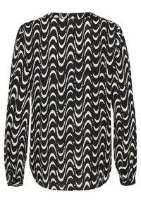 Schwarz-weiße Bluse mit langen Ärmeln, die ein wellenförmiges Muster, einen Rundhalsausschnitt und Knopfbündchen aufweist. Weicher Stoff mit glatter Textur.