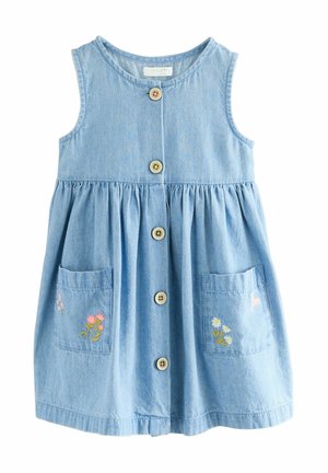 Light blue denim dress with a rounded neckline, button front, and two front pockets featuring floral embroidery. A-line cut.