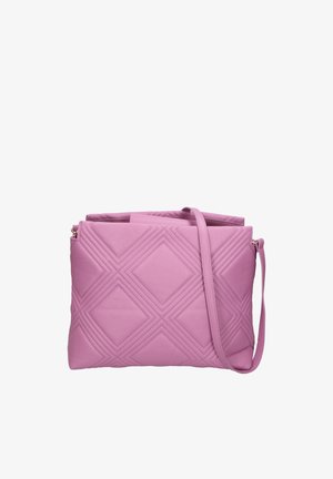 Rosa gesteppte Umhängetasche mit Diamantsteppmuster und schmalem verstellbarem Schulterriemen.