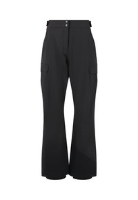 Schwarze Cargo-Hosen mit geradem Schnitt, hergestellt aus flexiblem Material. Verfügen über Taschen auf jeder Seite und zwei Knöpfe am Bund.