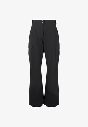 Pantalons cargo noirs à coupe droite, fabriqués en tissu flexible. Comprend des poches de chaque côté et deux boutons à la taille.