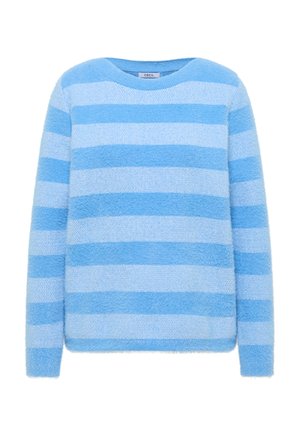 Sininen ja vaaleansininen vaakaraitainen pörröinen neulepaita, jossa on pitkät hihat ja pyöreä pääntie, merkki "Cecil".