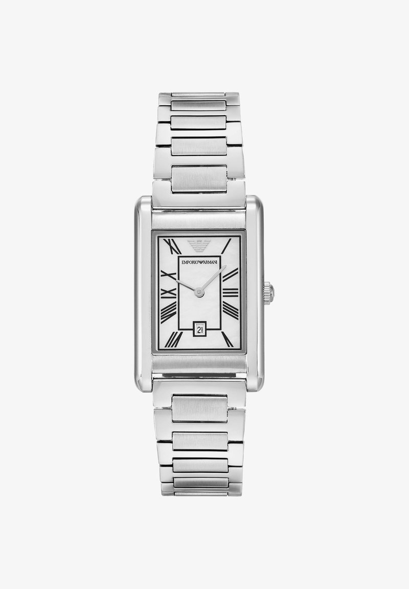 Silver rectangular Emporio Armani watch with Roman numerals, date display at 6 o'clock, and linked metal bracelet strap.